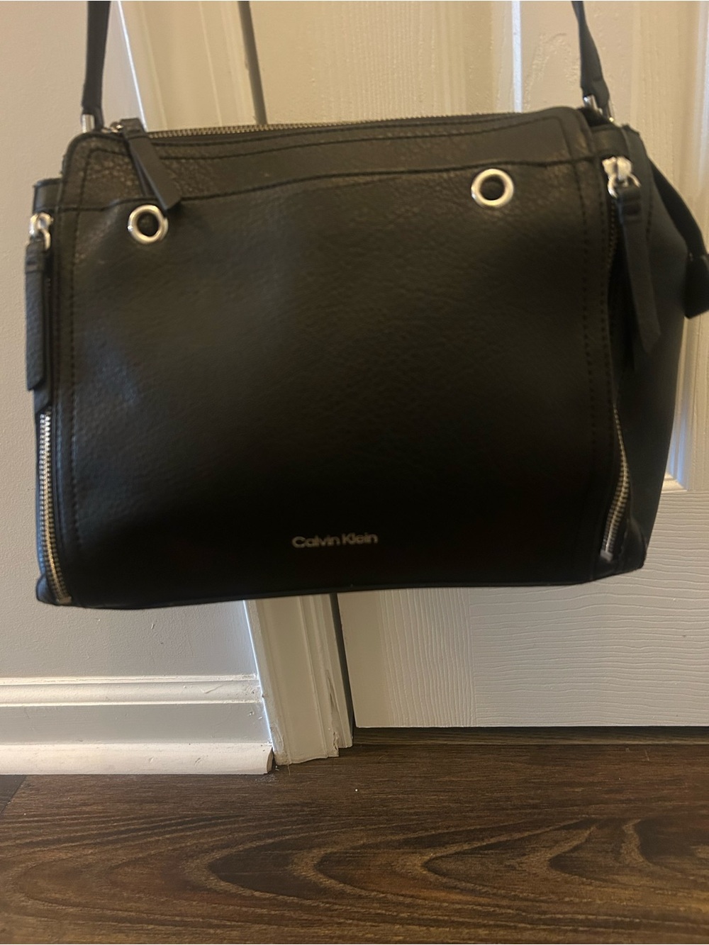 Calvin Klein Reyna Black Pebbled Leather Crossbody with Silver Hardware